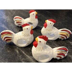 Set of 4 Wooden Napkin Rings Farmhouse Country Chicken Hen Roosters Hand Painted